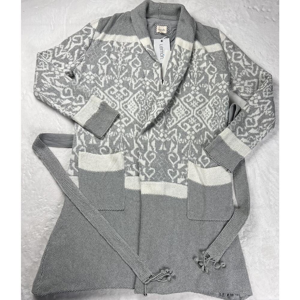 Lemon Brand Gray & White Lined Belted Long Cardigan Sweater Women's Small/Medium